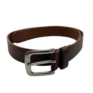 Timberland Brown Genuine Leather Belt‎ Silver Buckle Logo Men Belt Size 30-32"